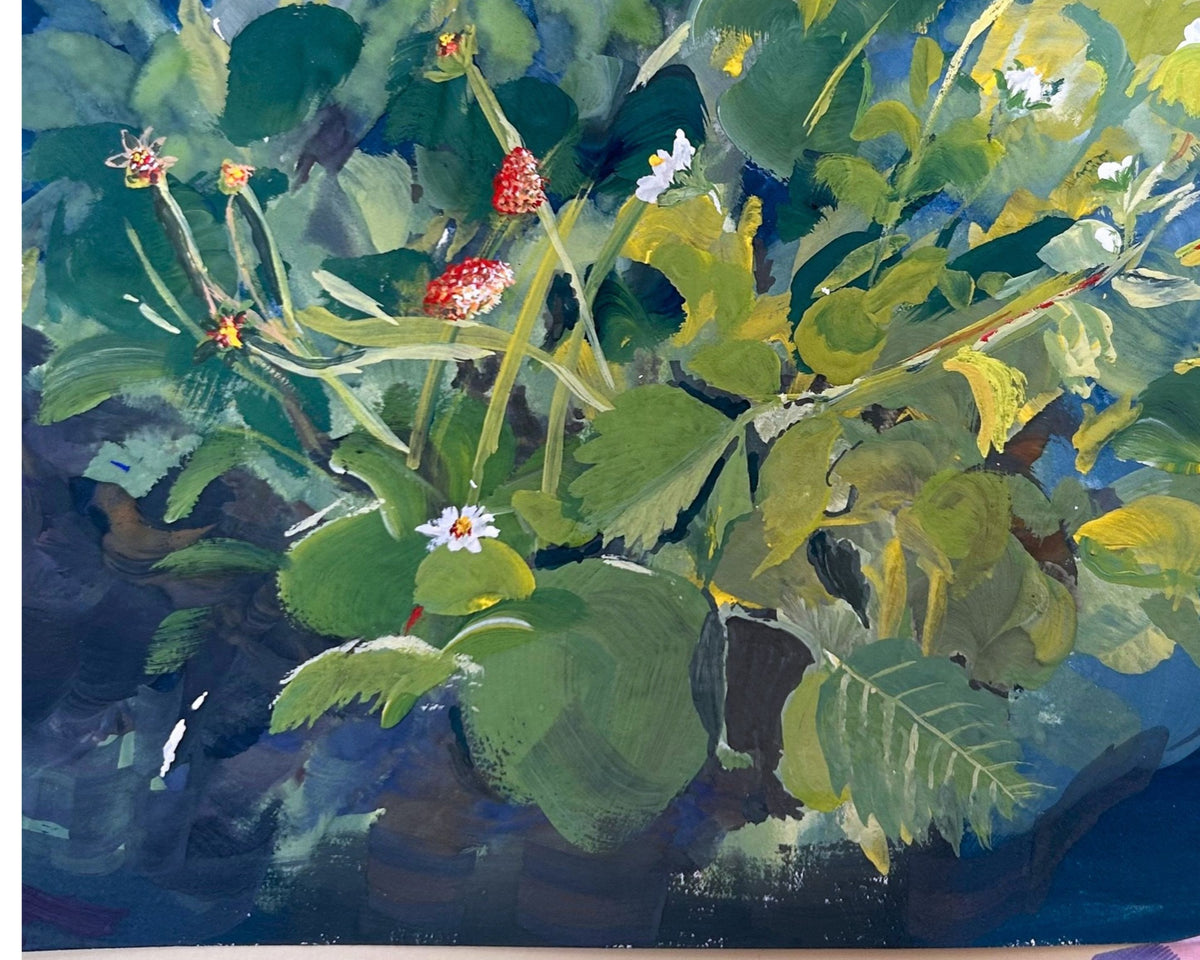 Original gouache painting of a strawberry plant with green leaves, red strawberries, and small white flowers against a dark blue and green background.