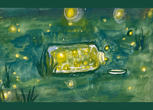 Miranda Miller, Stella & Dorrie Studio, 'Fireflies in the Grass', Horizontal painting of a glass jar of fireflies tipped on its side in tall green grass at night, tiny yellow lights glowing around it against a deep blue-green field.