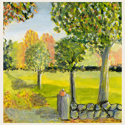 Stella & Dorrie Studio original miniature painting featuring a radiant autumnal landscape.