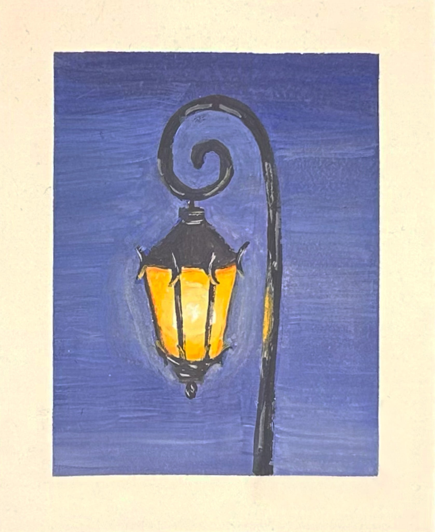 Original painting of a street lamp with a golden glow and a blue background.