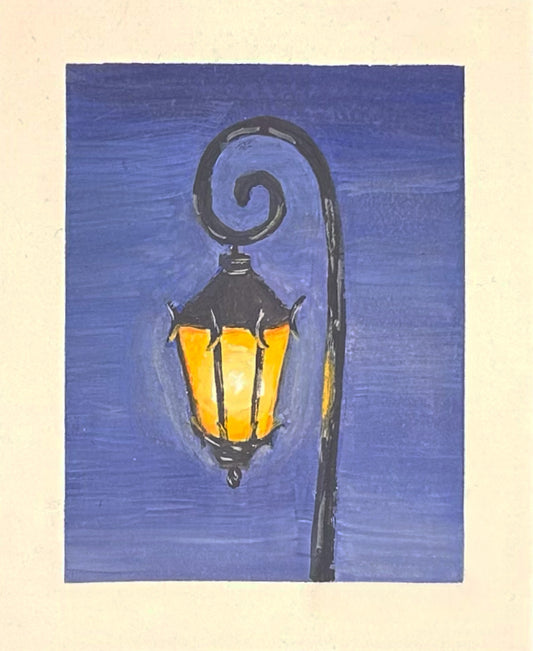 Original painting of a street lamp with a golden glow and a blue background.