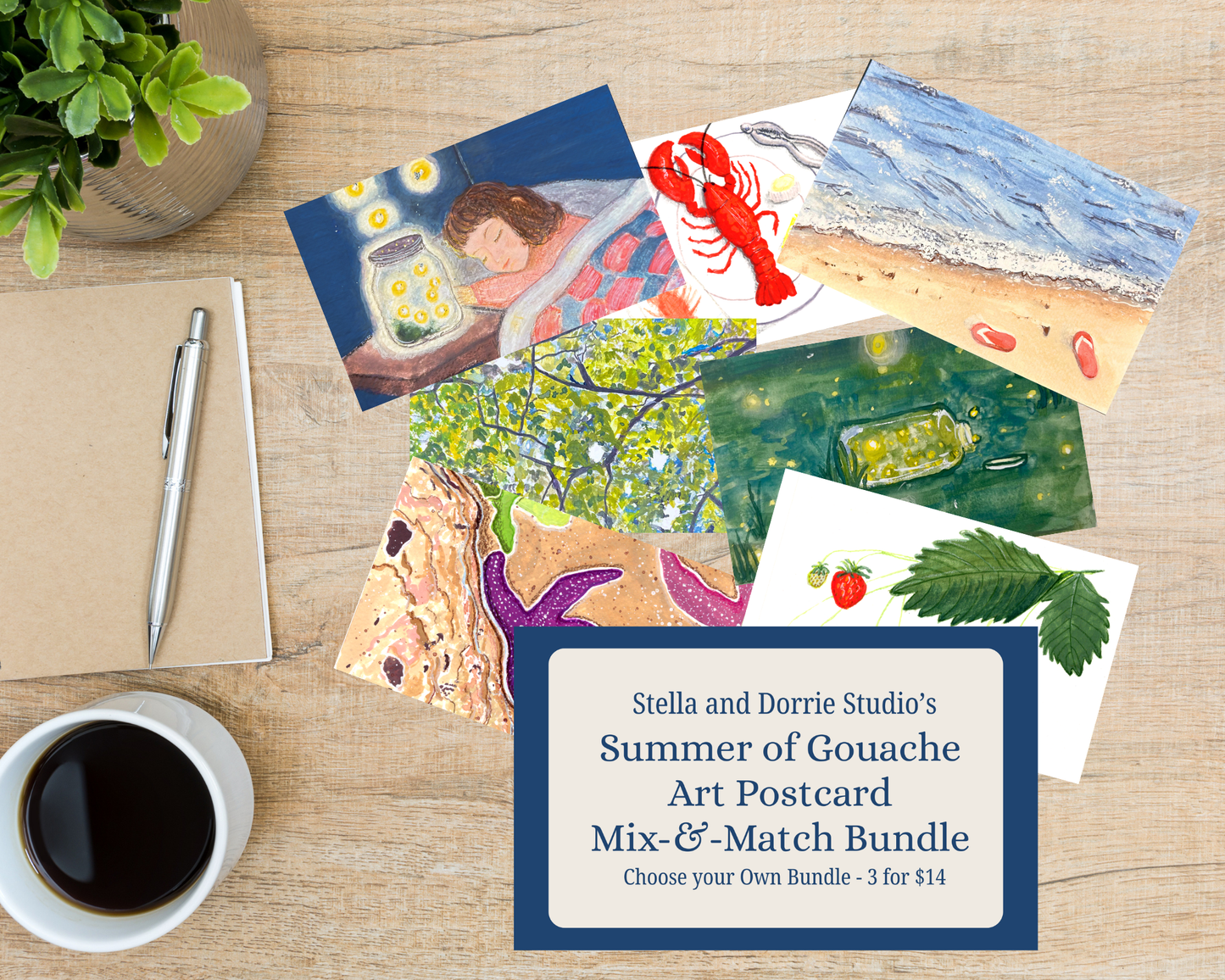 Collection of art postcards from Stella and Dorrie Studio on a wooden surface with a cup of coffee and pen.