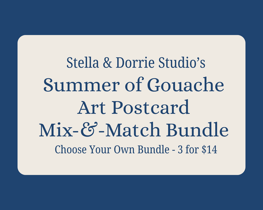 Stella & Dorrie Studio's Summer of Gouache Art Postcard Mix-&-Match Bundle on a blue background