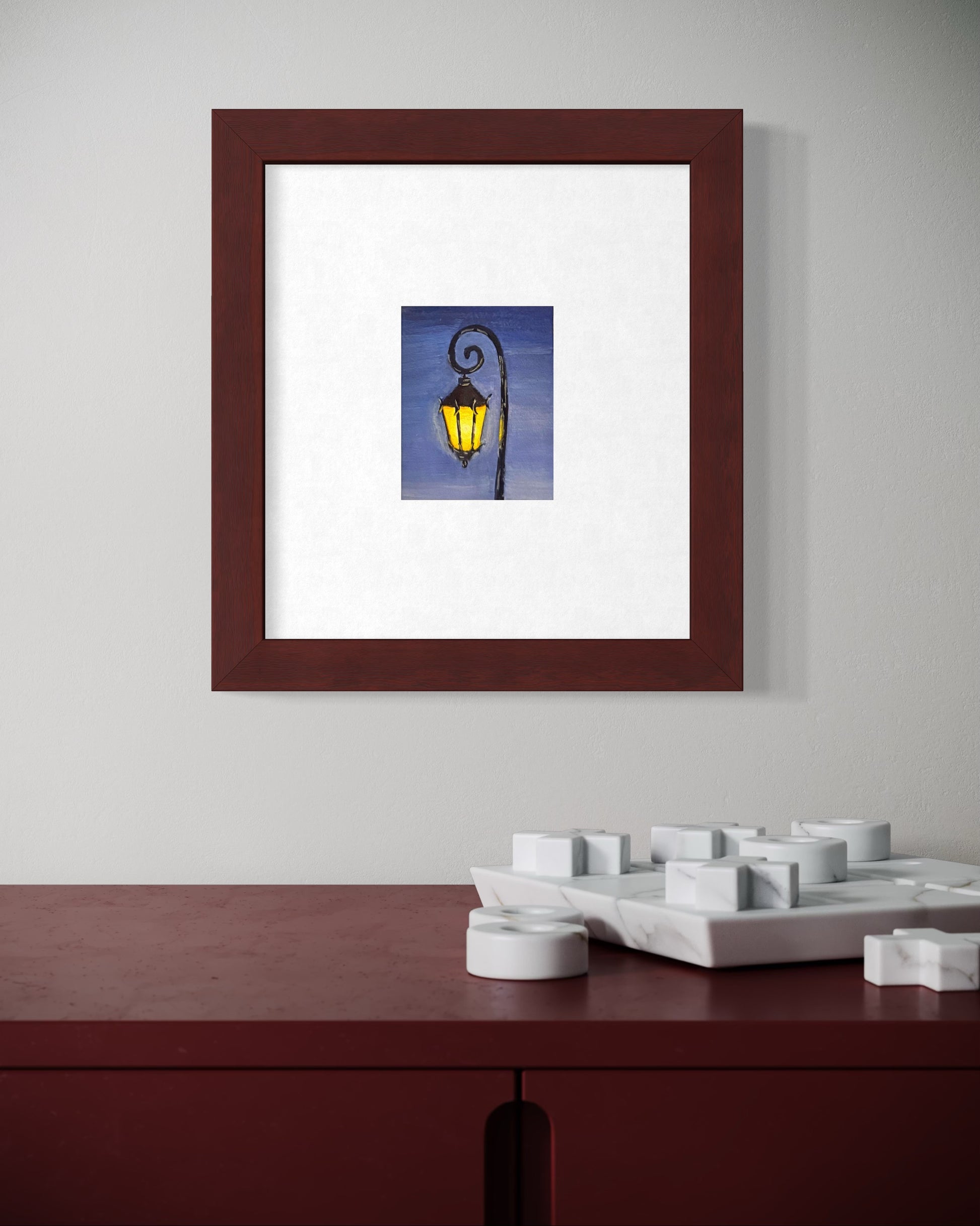 Framing mock-up of glowing street lamp at blue hour. 