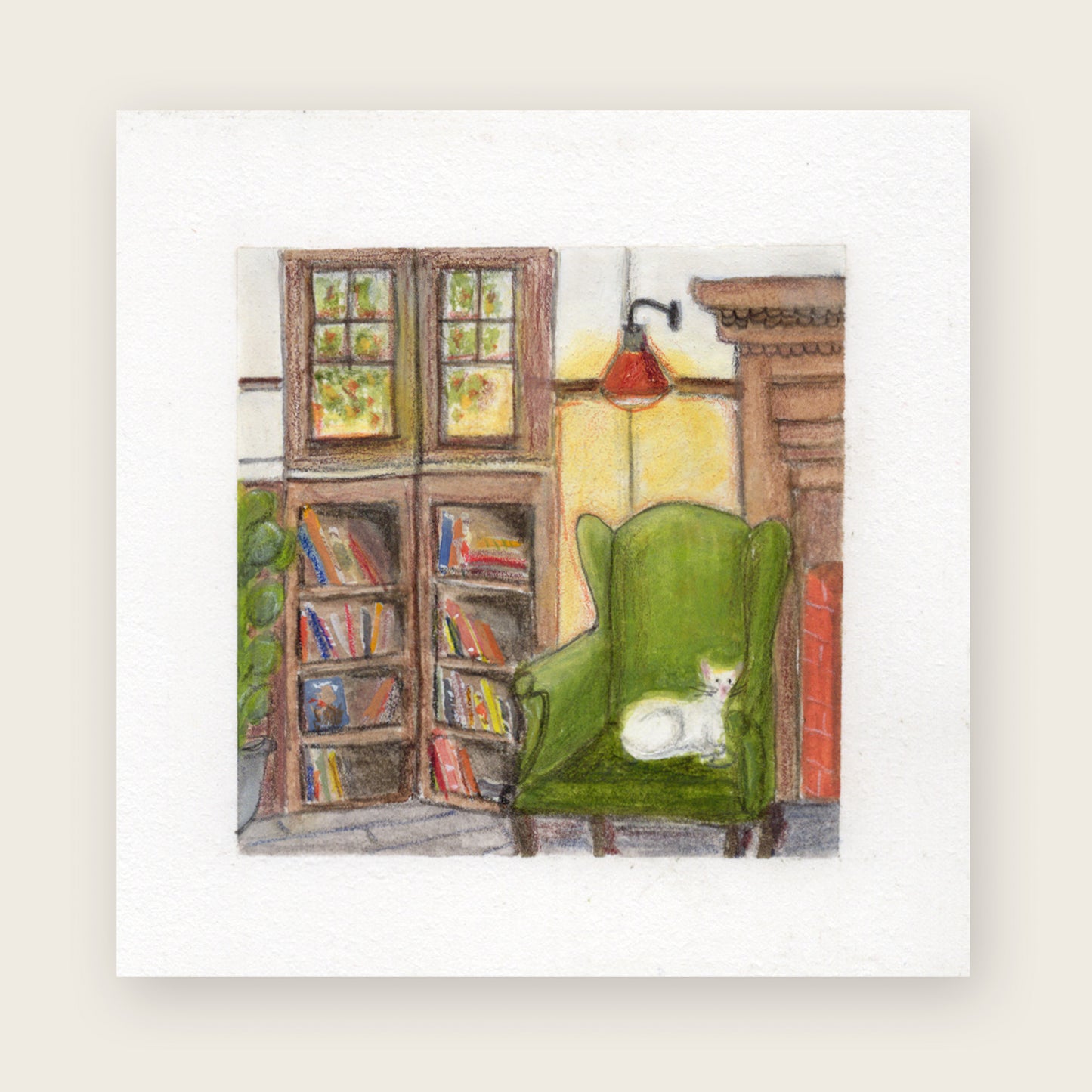 Original gouache painting of a white cat sitting on a green armchair in a cozy library. Shelves of books and a warm lamp fill the background.  Picture on cream background.