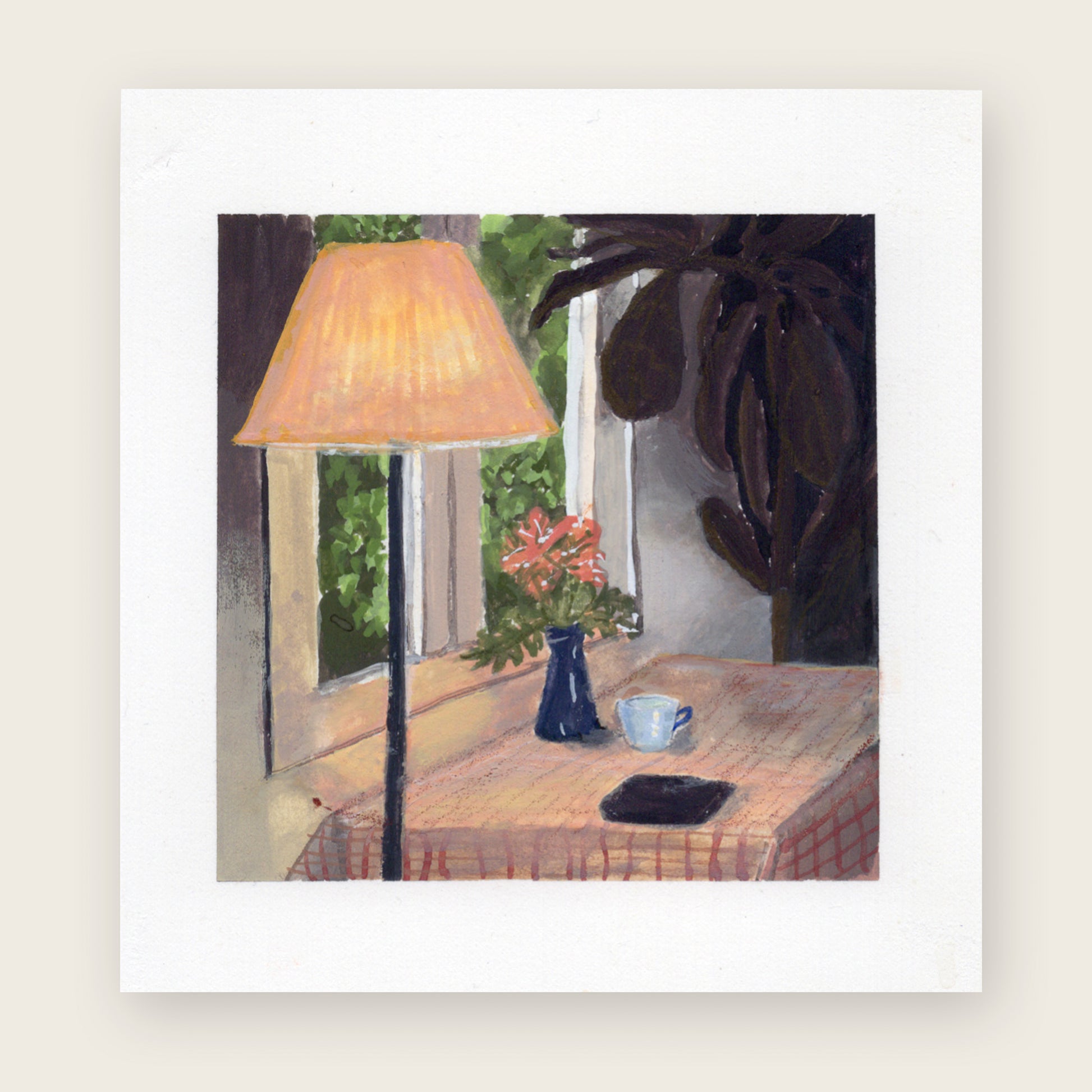 Kitchen table under a glowing lamp; warm light pools on the tabletop, background in soft shadow.