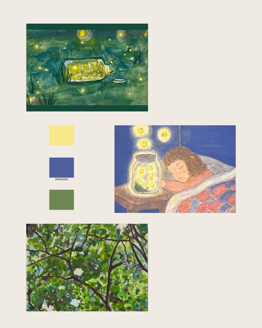 Collage of four illustrations by Miranda Miller of Stella & Dorrie Studio, including a night scene with a jar of glowing lights, a small child sleeping, and a tree with flowers.