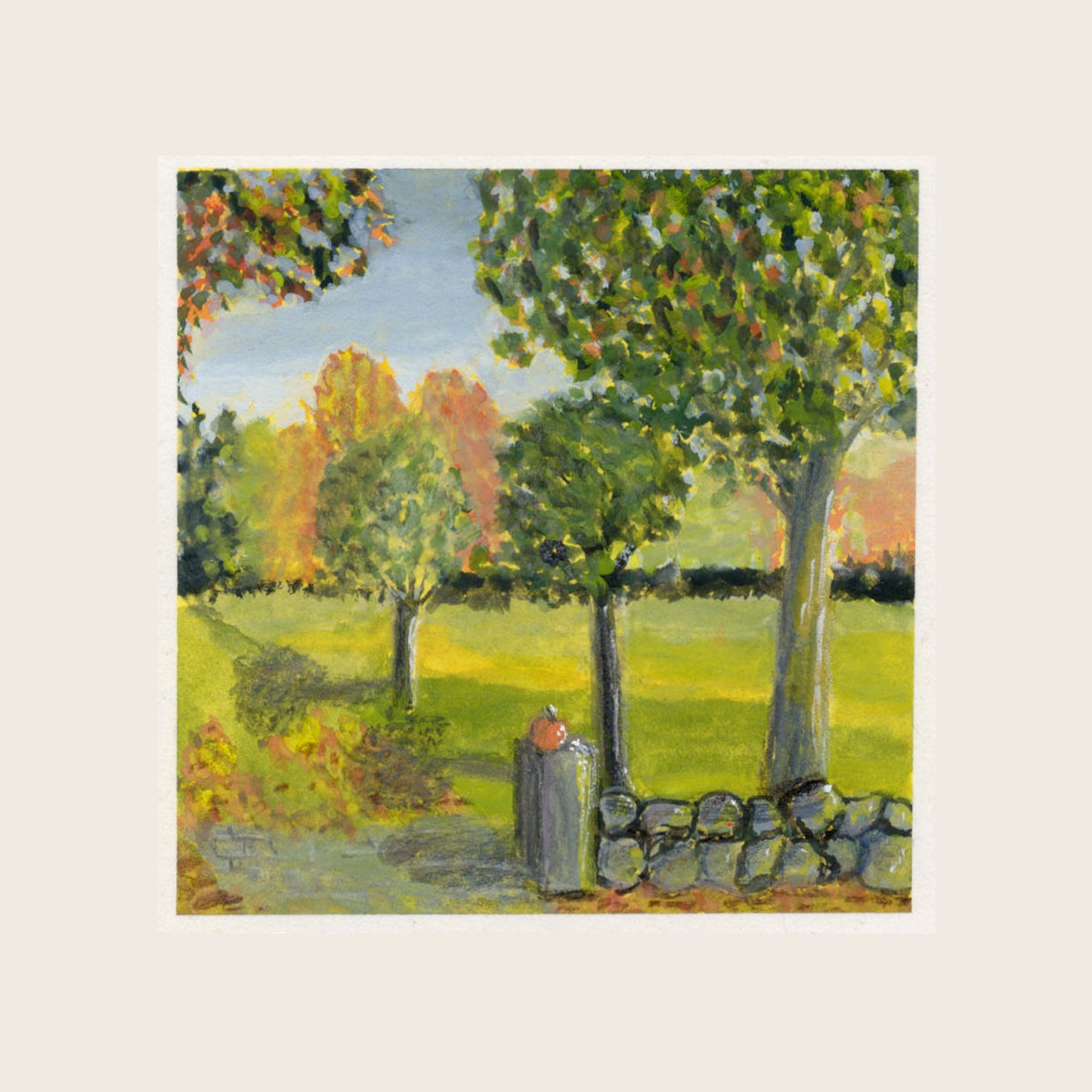Small gouache painting of a pumpkin resting on a stone wall with autumn trees and a golden field; shown with a white paper border on a cream background.