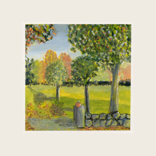 Small gouache painting of a pumpkin resting on a stone wall with autumn trees and a golden field; shown with a white paper border on a cream background.