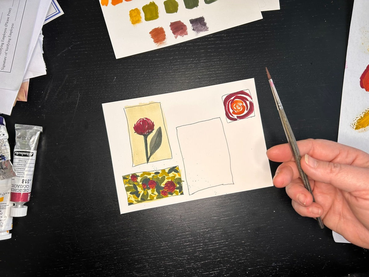 Three framed mini floral paintings from the Luce Trio fundraiser, supporting immigrant legal defense through LUCE.