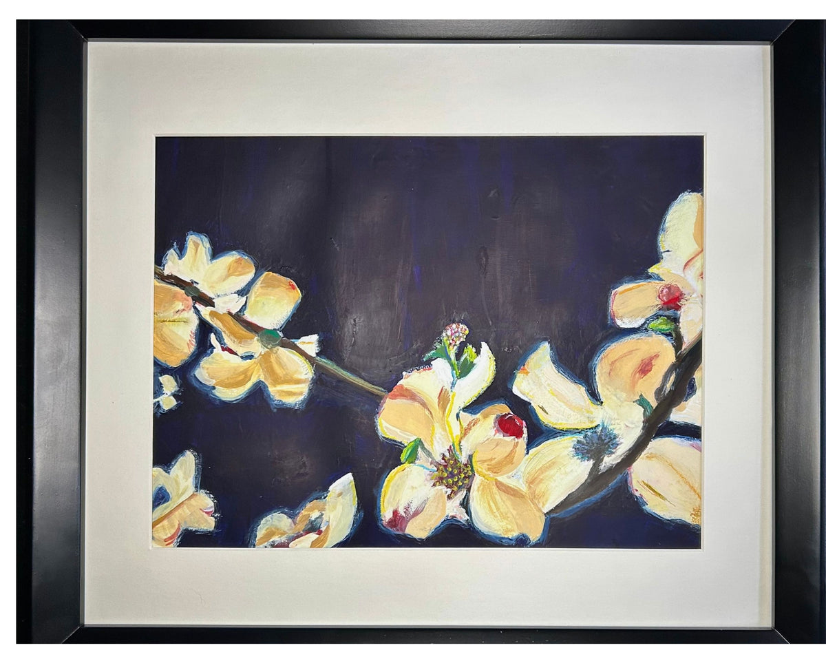 Framed floral painting featuring pale yellow blossoms on dark branches against a deep navy background, with a wide white mat and black frame.