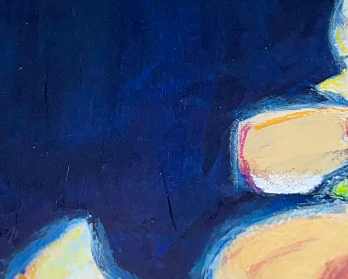 Abstract painting detail featuring a deep navy blue background with expressive brushstrokes of yellow, orange, white, and hints of green.