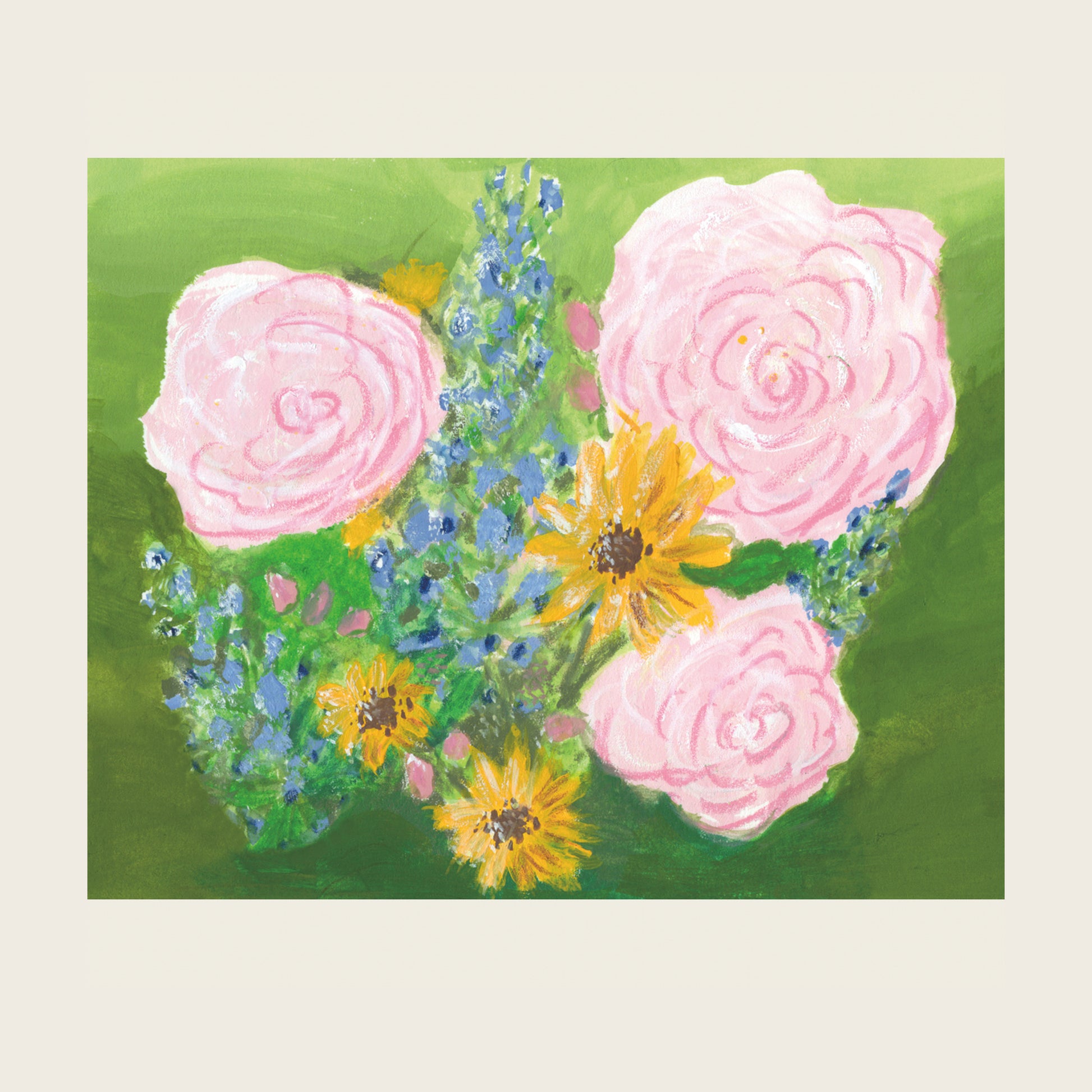 Framed gouache painting featuring large pink roses, blue delphiniums, and yellow-orange flowers against a green background. 