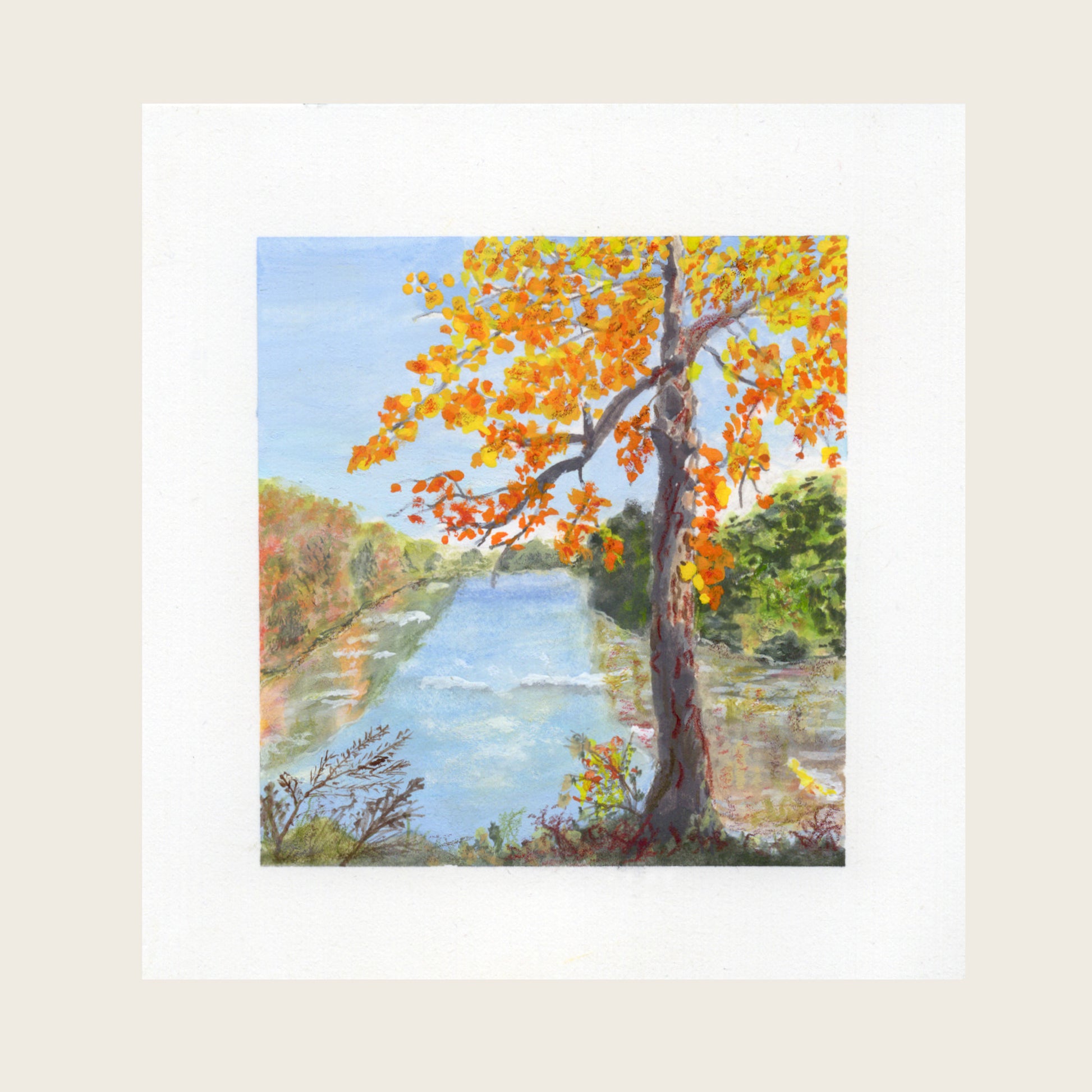 ‘Where the Swans Nest’ — small gouache landscape with a tall autumn tree of orange leaves beside a rippling river; green banks and pale blue sky in the distance, shown with a white paper border on a cream background.
