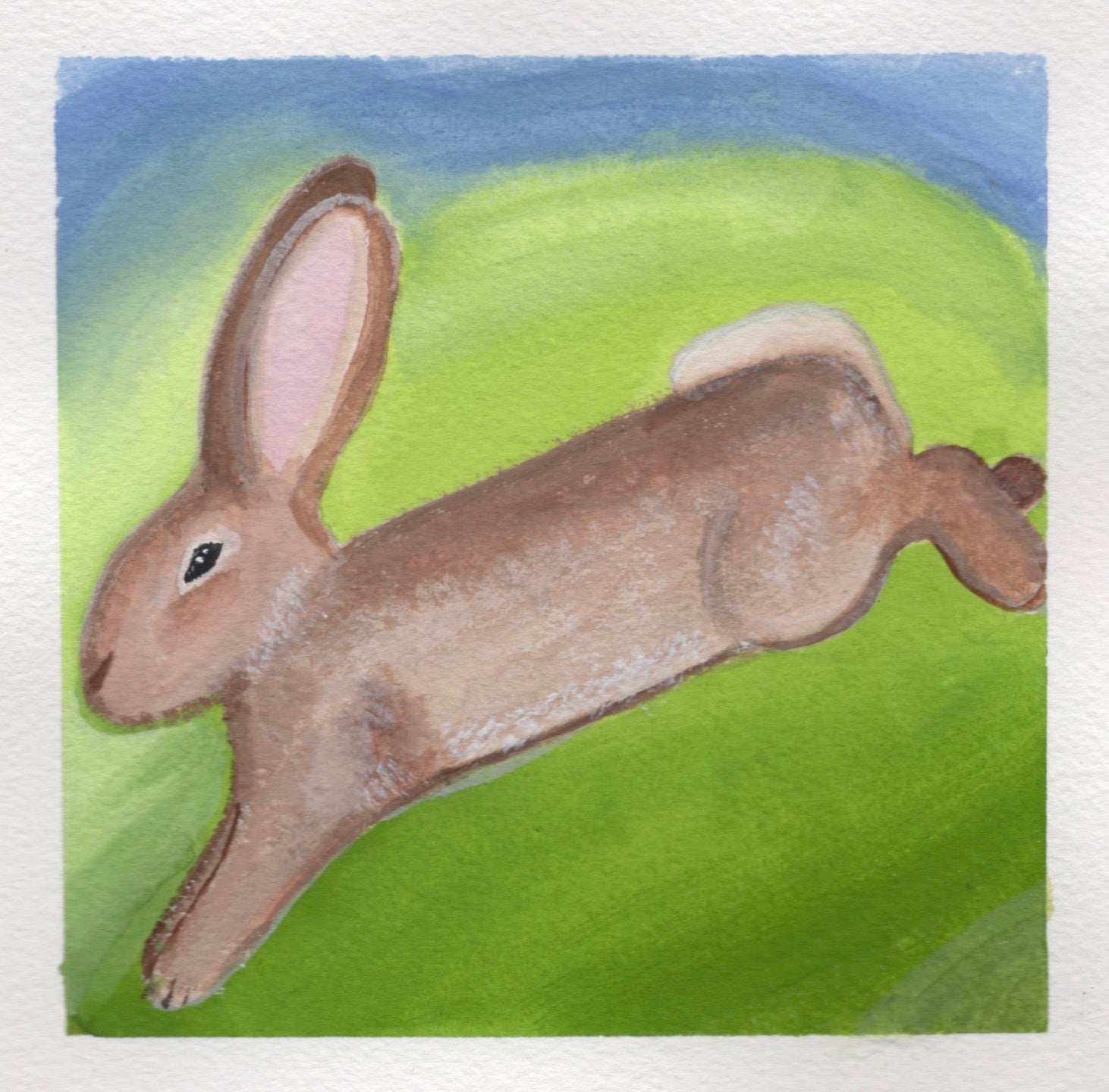 A gentle yet expressive gouache painting of a rabbit mid-bound, caught in motion across a softly toned, dreamlike landscape. The colors are muted and earthy, with a sense of momentum and lightness. The composition suggests trust, instinct, and the brave moment of leaping forward—before knowing how the landing will feel.