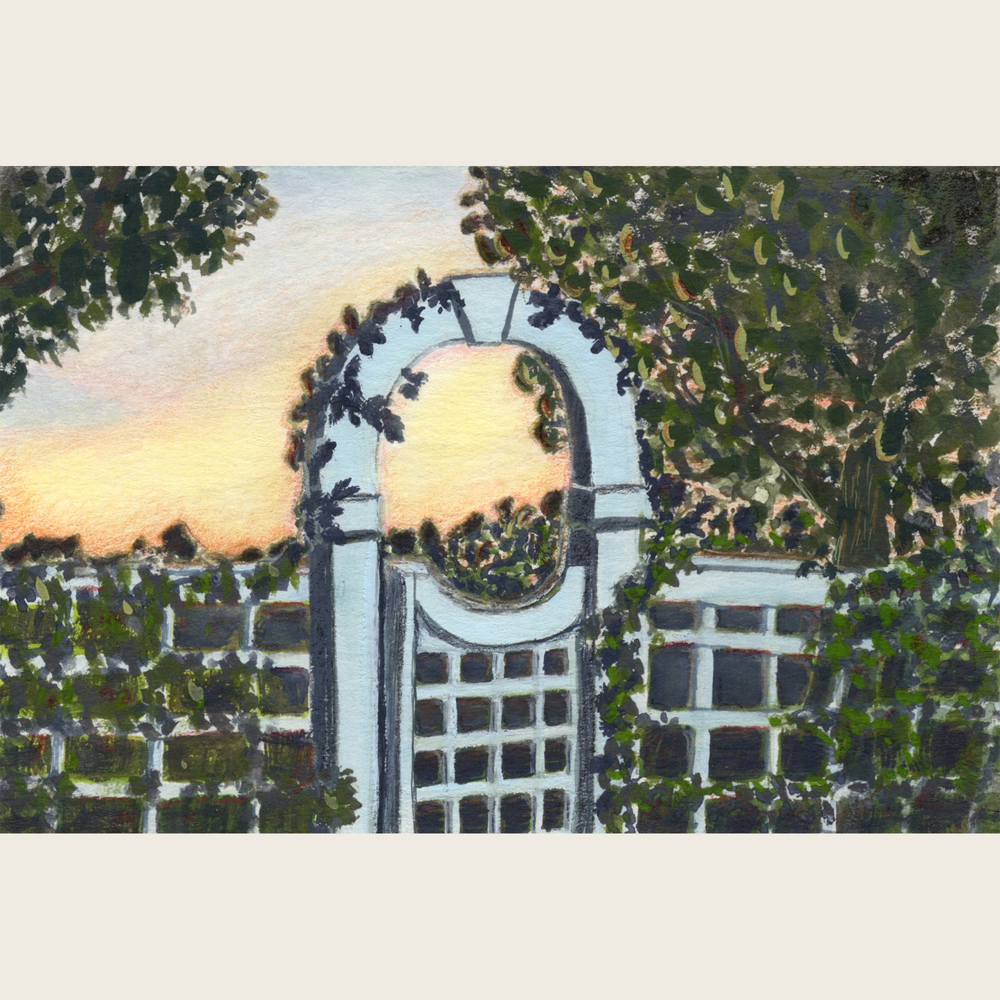 Gouache painting of a garden gate opening into foliage, with filtered autumn light; shown on cream paper, original is painted edge-to-edge. This view is straight on.