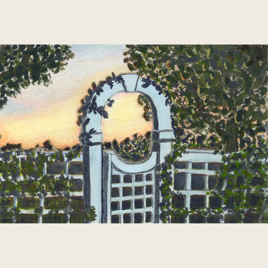 Gouache painting of a garden gate opening into foliage, with filtered autumn light; shown on cream paper, original is painted edge-to-edge. This view is straight on.